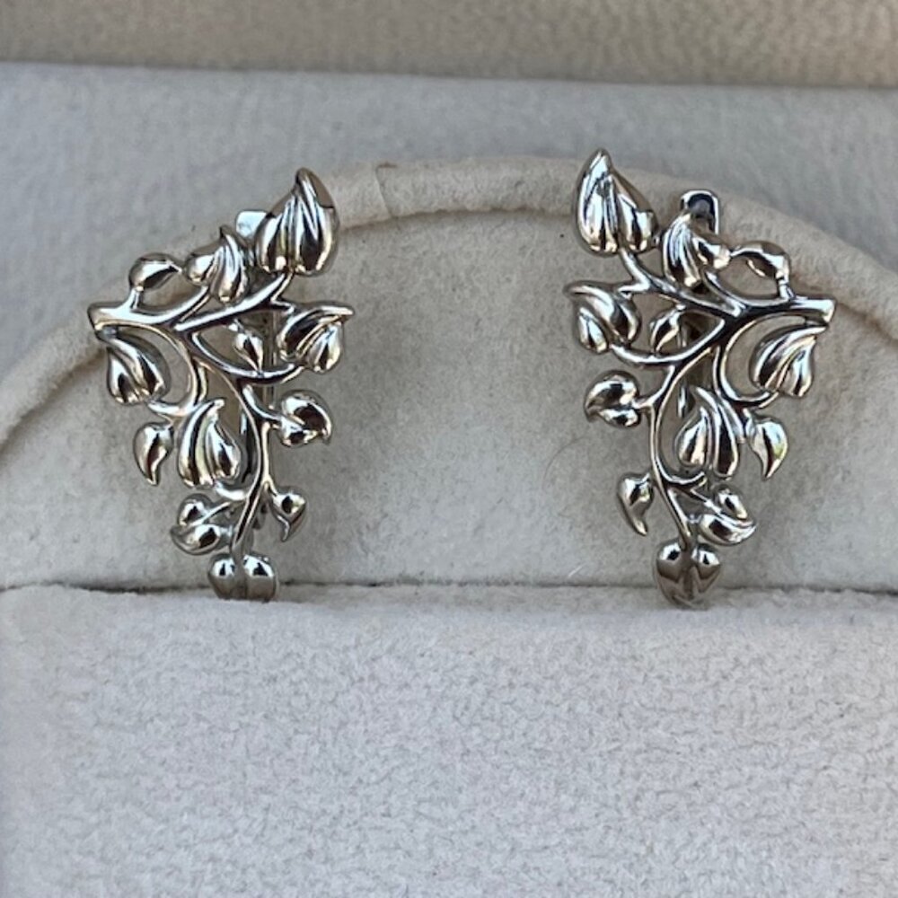 925 Sterling Silver Leaf Vine English Lock Earrings Women's 10mm x 5mm